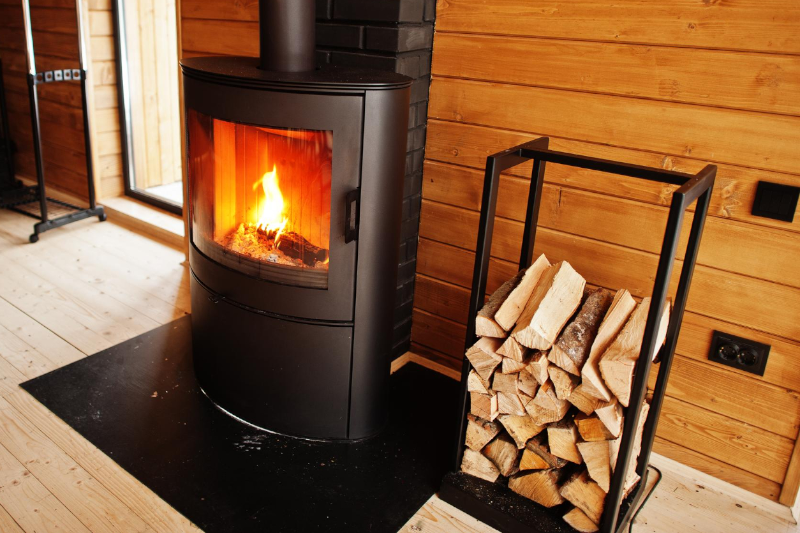 poele-a-bois-noir-allume-avec-buche-dans-porte-buche-dans-chalet-en-bois