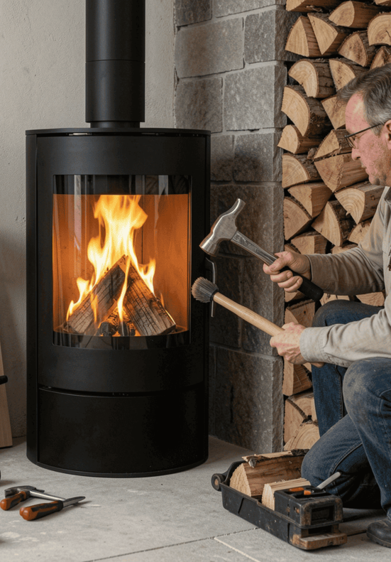 Artisan fumiste certifié RGE en train d'installer un poêle à bois dans un salon moderne